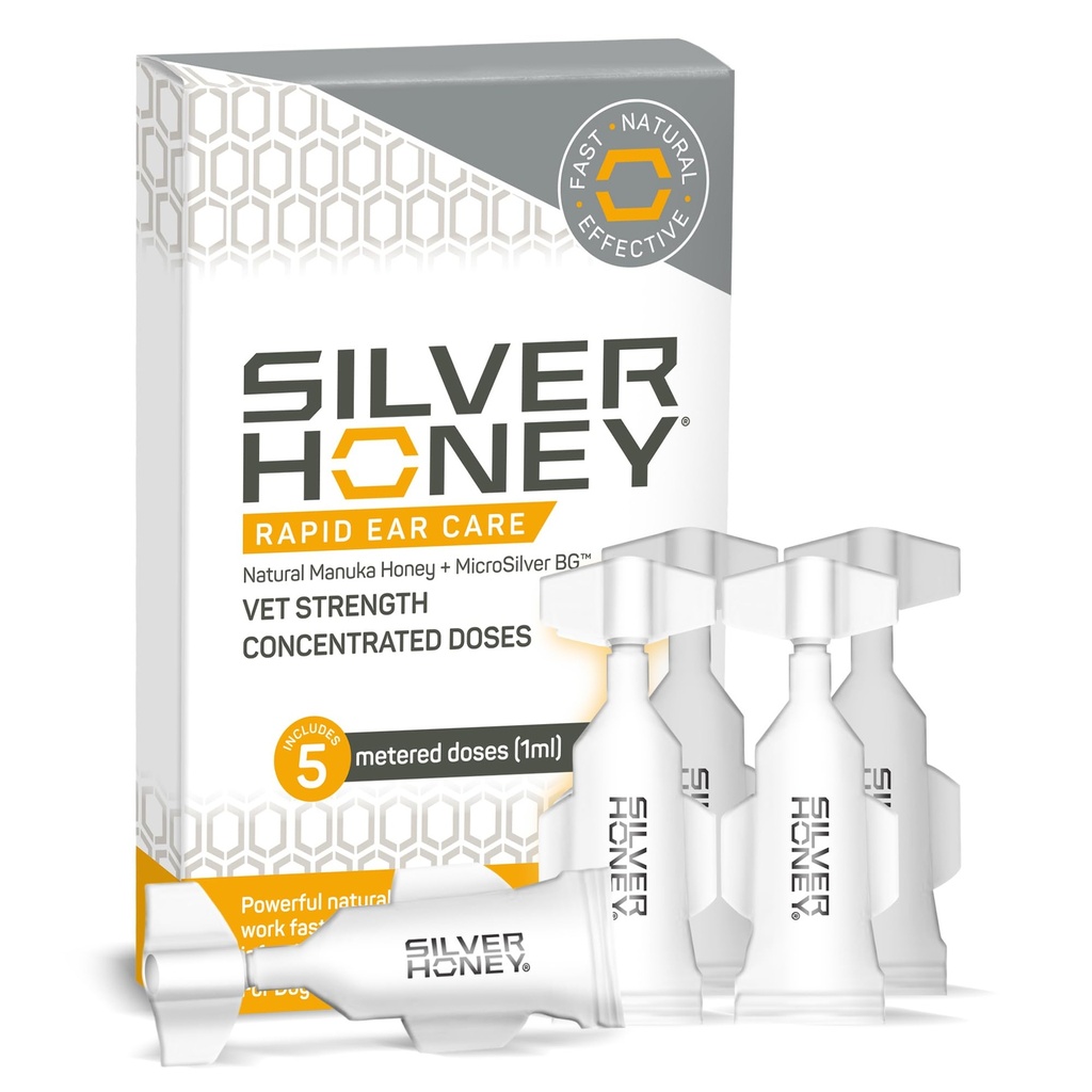Absorbine Silver Honey Rapid Ear Care Vet Strength Concentrated Doses, 5 Ear Drops for 10 Days on 1 Ear for Dogs & Cats, Medical Grade Manuka Honey & MicroSilver BG