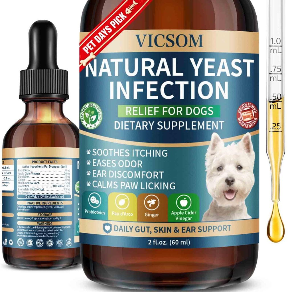 VICSOM Natural Dog Yeast Infection Treatment for Dogs, Itchy Skin & Ear Treatment Natural Support Allergy Relief, Dog Yeast Infection Relief, Support Irritation, Itching & Inflammation 60ml