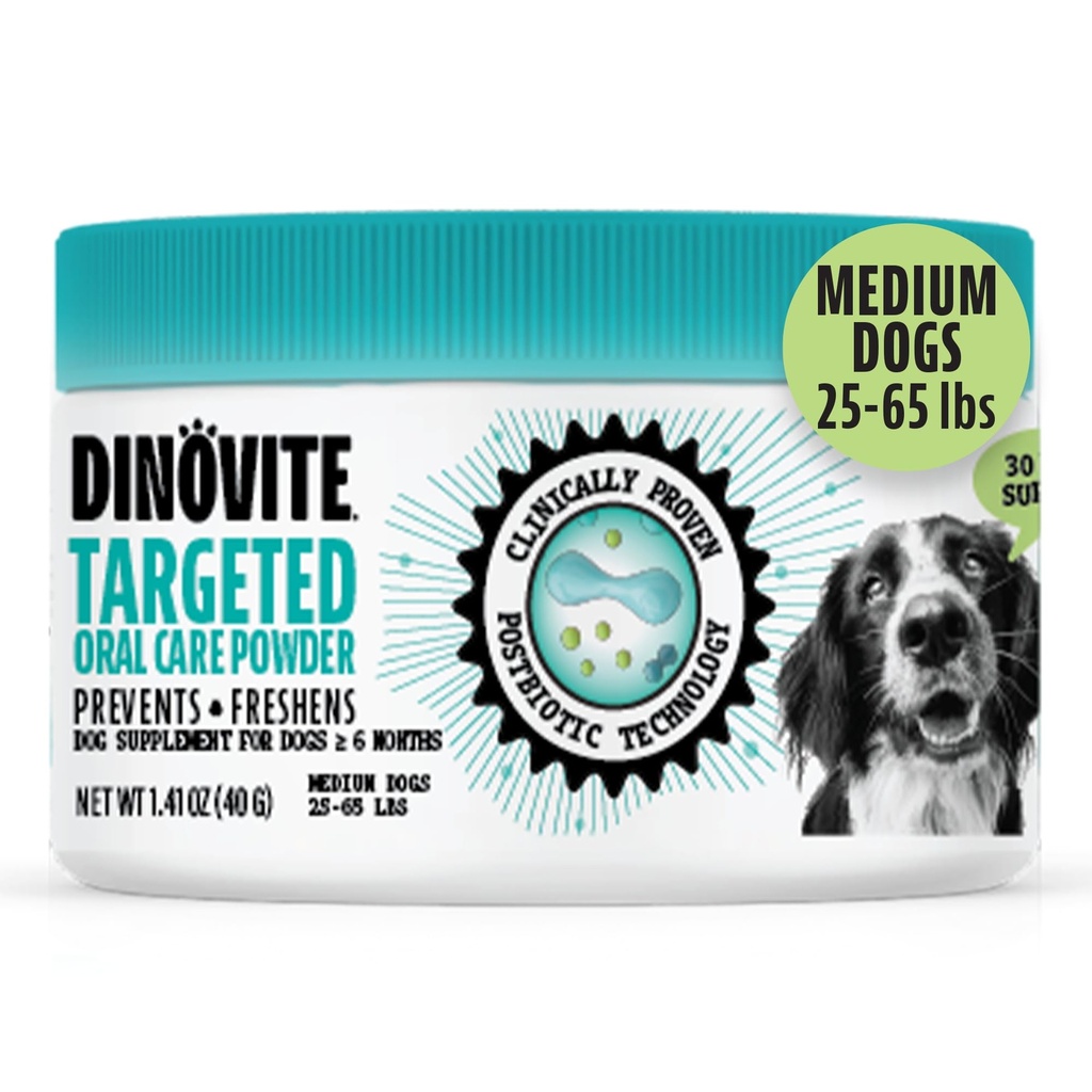 Dinovite Dog Dental Powder, Brush-Free Breath Freshener & Teeth Cleaning Dental Care Powder with Probiotics & Postbiotics, Oral Care Bad Breath Treatment, Medium Dogs, Made in USA, 30 Day Supply