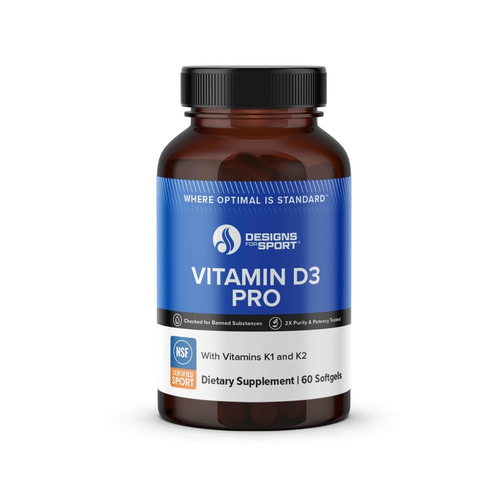 Designs for Sport Vitamin D3 Pro - Supports Bone Health & Immune Function* - Vitamins D3, K1 & K2 Blend - Gluten Free & Non-GMO - 60 Softgels