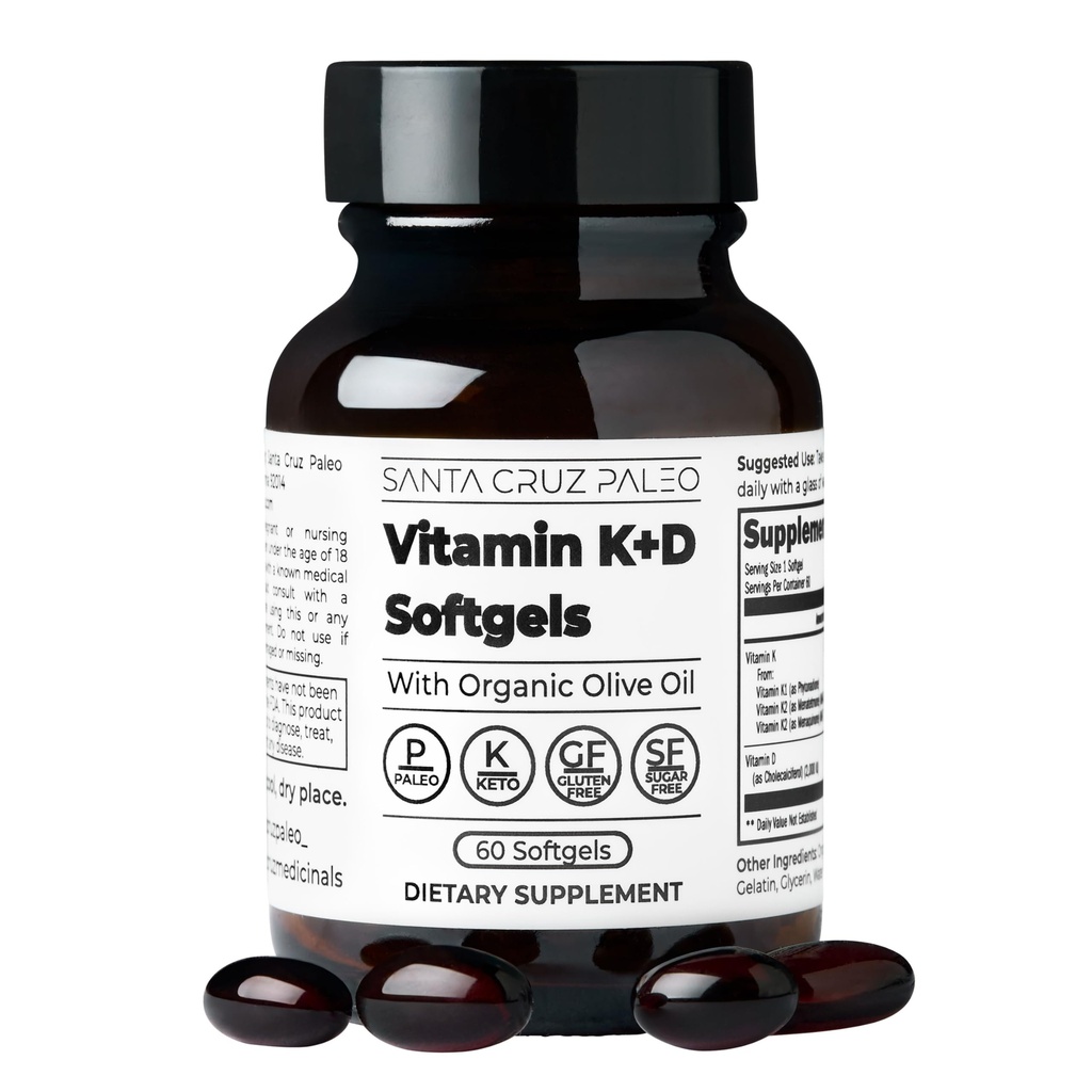 Santa Cruz Paleo Vitamin K2 + D3 Softgels, Daily Supplement with Organic Olive Oil, Includes Vitamin K1 & Two Forms of K2, Supports Heart & Bone Health, Gluten Free, Sugar Free, Paleo, Keto, 60 Count
