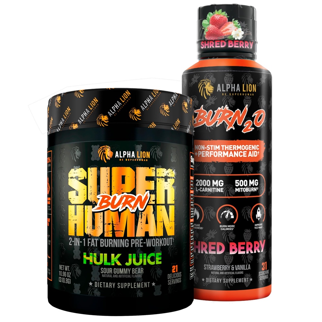 ALPHA LION Stubborn Fat Loss Stack – Superhuman Burn Pre Workout + Burn2O Liquid L-Carnitine 2000mg (ShredBerry) – 2-in-1 Thermogenic Fat Burning Stack for Men & Women