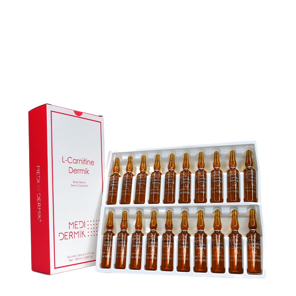 L-Carnitine Dermik 20 Ampoules x 5 ml (3.38 fl oz) targeted formula designed to support fat metabolism and improve the appearance of skin in areas prone to cellulite and loss of firmness.