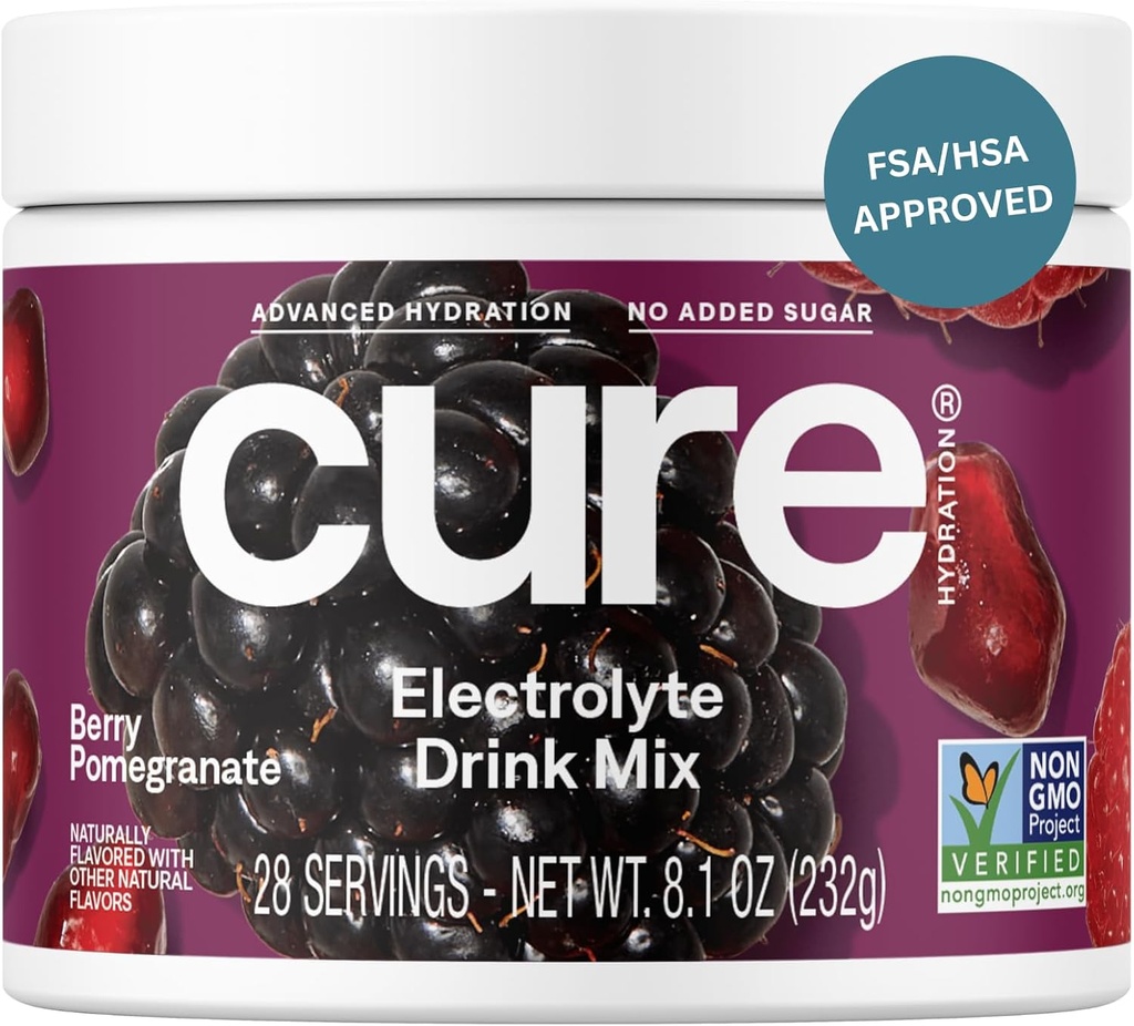 Cure Hydration | Plant-Based Electrolyte Drink Mix | Nodrew Sugar | FSA-HSA | Dehidrasyon Yardımı Tuvalet Su ile Yaptı | Non-GMO | Vegan | 28 Servisler Jar - Pomegranate