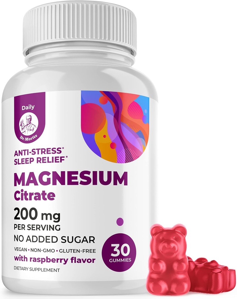 DR. MORITZ Magnesium Citrate Gummies - Sugar- Free Calm Magnesium Gummies - Sufforts Cardiovascular Health- Raspberry Flavor - Non-GMO, 200 mg (30 Count)