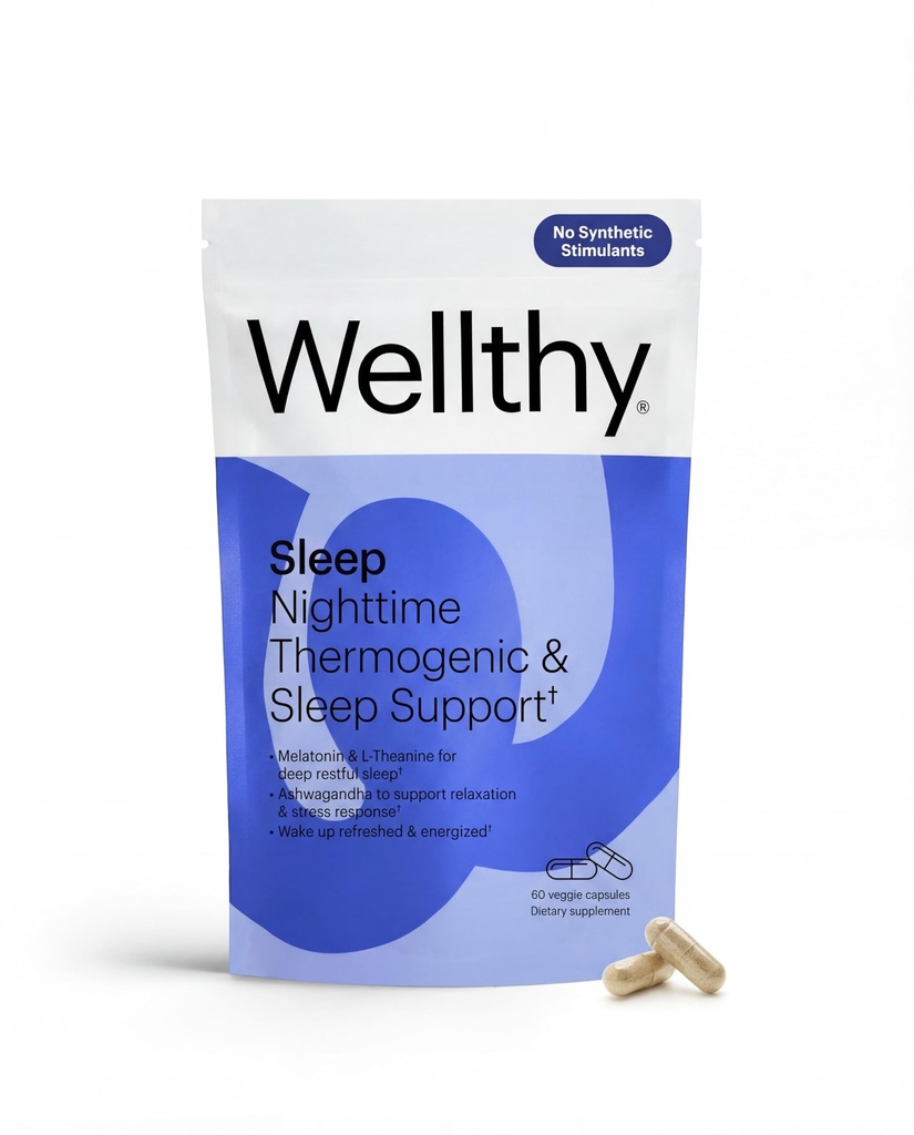 Wellthy Night Time Thermogenic - Vitamin B6, Ashwagandha & Melatonin - Nighttime Thermogenic for Women - Belly Thermogenic - Natural Weight Loss Supplements for Women, 60 Count Capsules