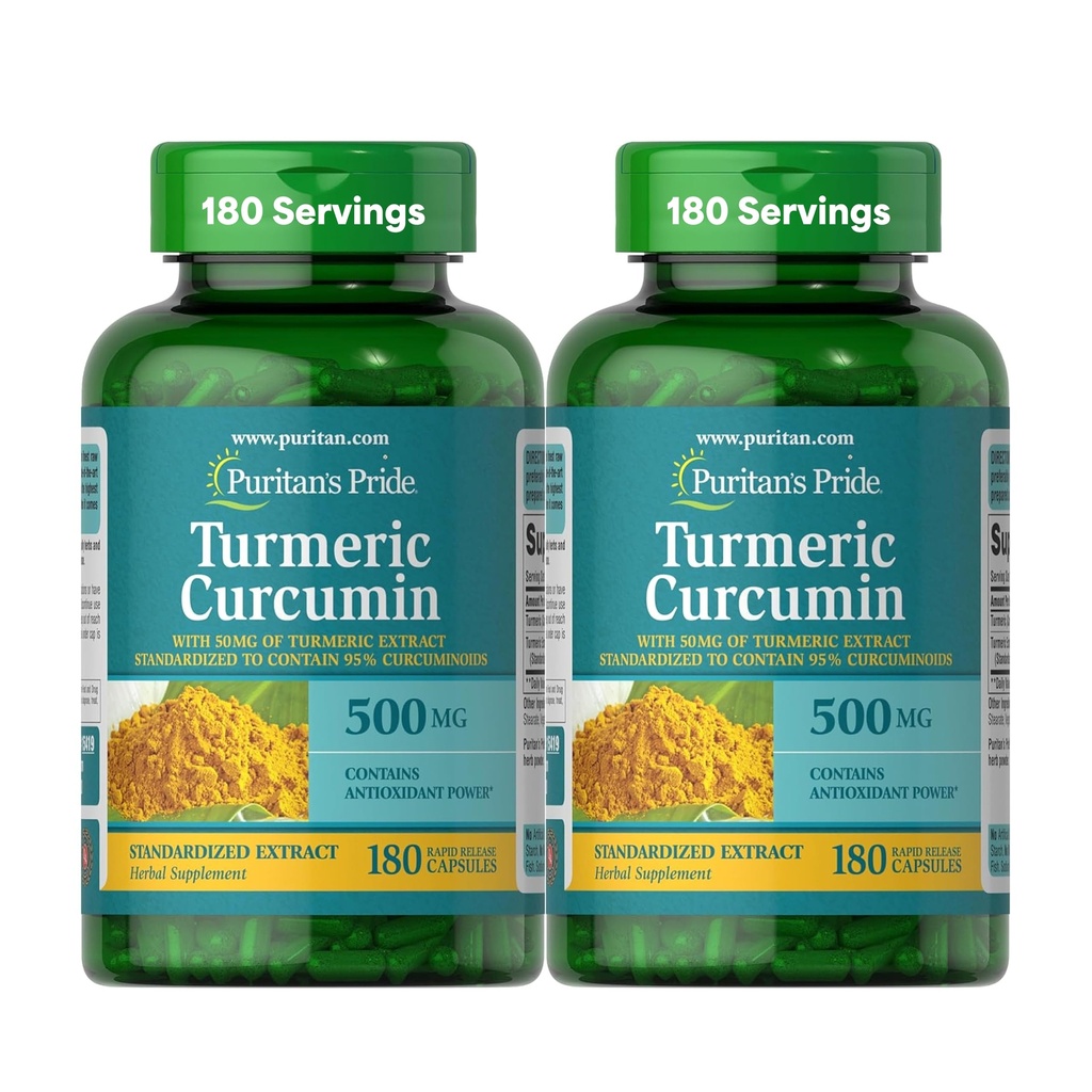 Puritan's Pride Turmeric Curcumin 500mg, Standarized to 95% Cucuminoids, Herbal Dietary Supplement for Antioxidant Health, 180 Radpid Release Capsules, Pack of 2