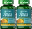 Puritan Pride Turmeric Curcumin 500mg, Standarized til 95% Cucuminoids, Herbal kosttilskudd for antioksidant helse, 180 Radpid Release Kapsler, Pakke med 2