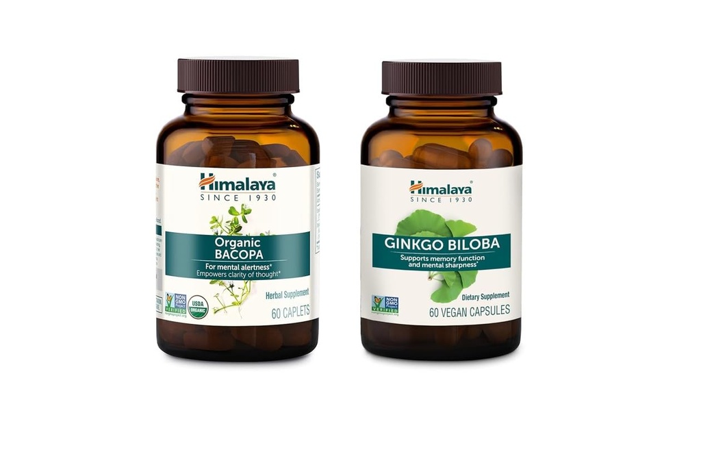 Himalaya Organic Bacopa Monnieri Nootropic & Ginkgo Biloba Variety Pack, Supports Calm, Memory, Cognition, USDA Certified Organic, Non-GMO, 750 mg, 60 Count (Pack of 2)