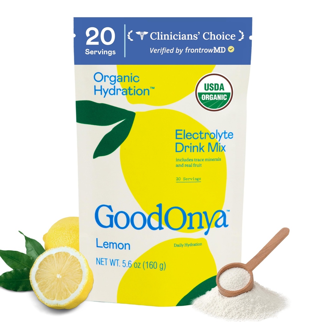 GoodOnya Organic Hydration Electrolyte Drink Mix, Certified Organic Hydration Powder, Non-GMO, Biochecked Glyphosate Free, Low Sugar, Lemonade Flavor, No Artificial Flavors, 20 Servings