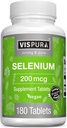 Selenium 200 mcg Suplemento, 180 tabletas veganas para o sistema inmunitario, tiroides, próstata e saúde cardíaca*, orgánico, natural e glute sen aditivos