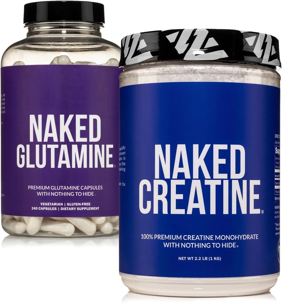 NAKED Pure Micronized Creatin Monohydrate 200 Servings + Pure L-Glutamine 240 Kapsule Bundle: Vegan, Non-GMO, Gluten Free. Minimalizovať rozpad svalov a zlepšiť syntézu bielkovín. Nič umelé