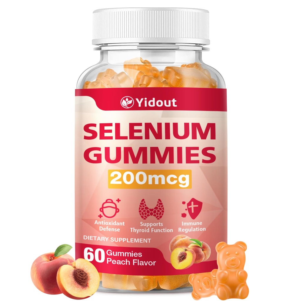 Selenium Supplement for Thyroid Support Gummies 200mcg as Energy Booster for Women and Men, Peach Flavor (60 Count（Pack of 1）)