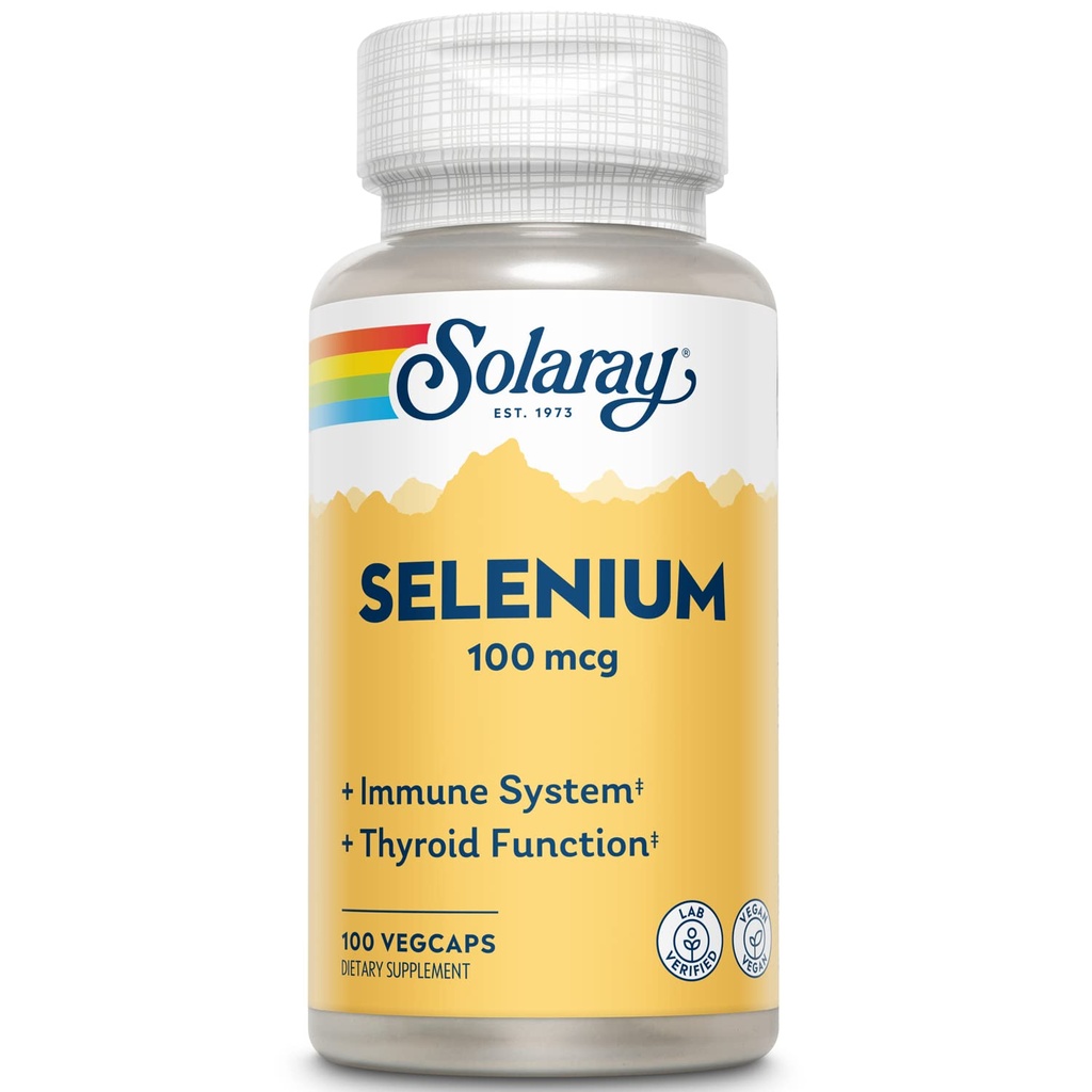 Solaray Selenium 100 mcg, Healthy Immune System, Thyroid Function and Antioxidant Support, Vegan, Lab Verified, 60-Day Guaranteed, 100 Servings, 100 VegCaps