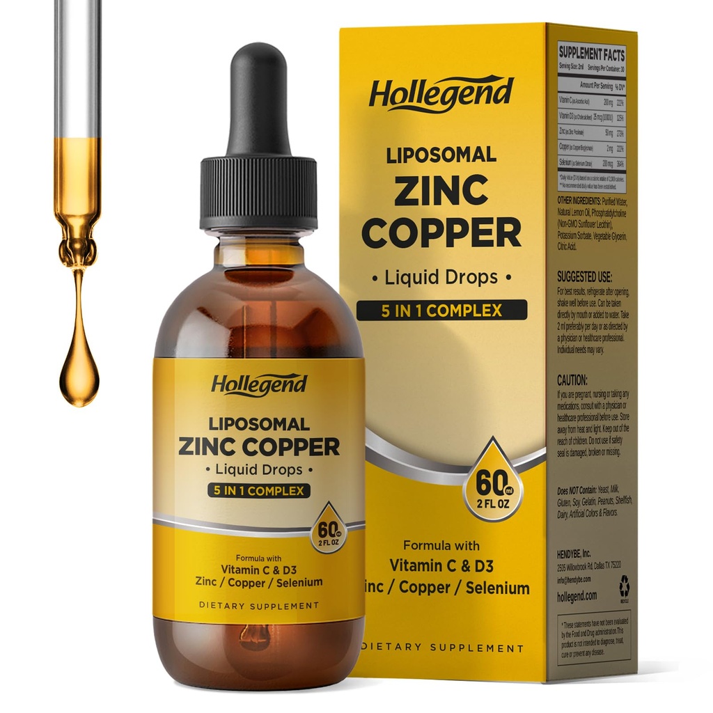 Liposomal Zinc Copper Liquid Drops, 50mg Zinc Picolinate with Copper, Selenium, Vitamin C&D3 for Immune & Thyroid Support, Fast-Absorbing Mineral Supplements for Men & Women, Blueberry, 2 Fl Oz