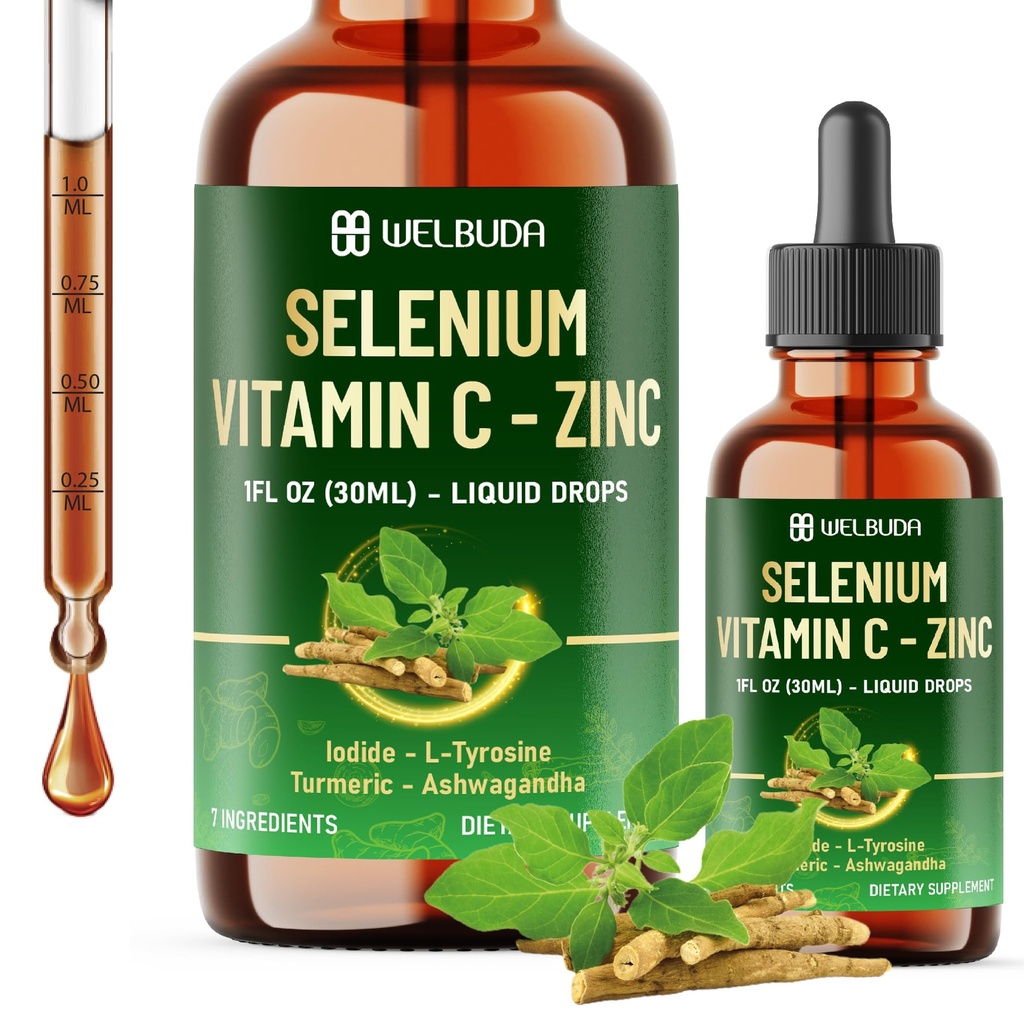 7in1 Selenium Liquid Drops with Selenium, Vitamin C, Zinc, Iodine, L-Tyrosine, Ashwagandha and Turmeric for Immune & Energy Support - 1 FL Oz - 60 Day Supply