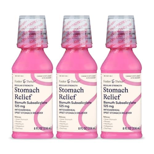 Foster & Thrive Stomach Relief Liquid for Nausea, Heartburn, Indigestion, Upset Stomach, Diarrhea - Fast Relief for 5 Symptoms, Antidiarrheal, Bismuth Subsalicylate 525 mg, Original, 8 oz (Pack of 3)