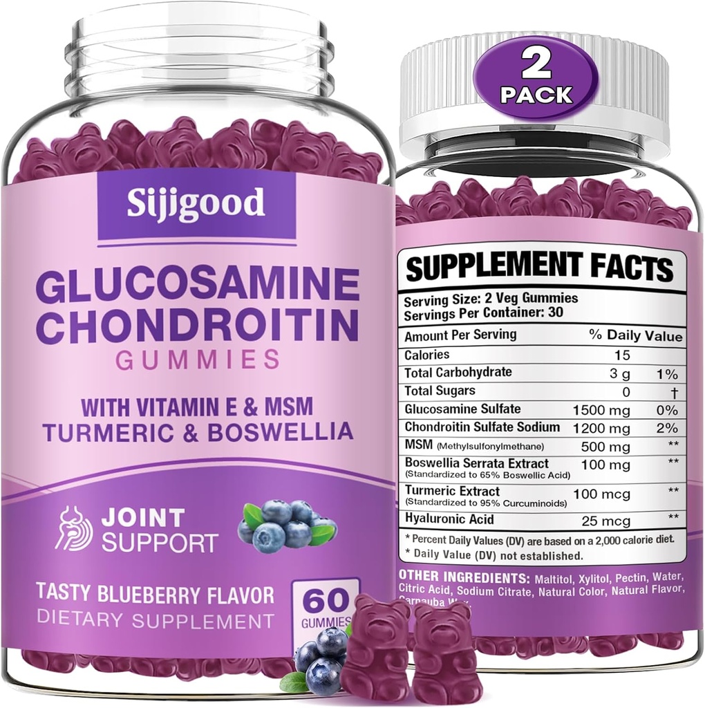 2 quick Glucosamina Chondroitin Gickes, Extra força Glucosmina Chondroitin MSM amb MS Elderberberberry i Turmeric, Flexibilitat, Antioxint, Imnene per a Blues Flavored, 120 Grudes