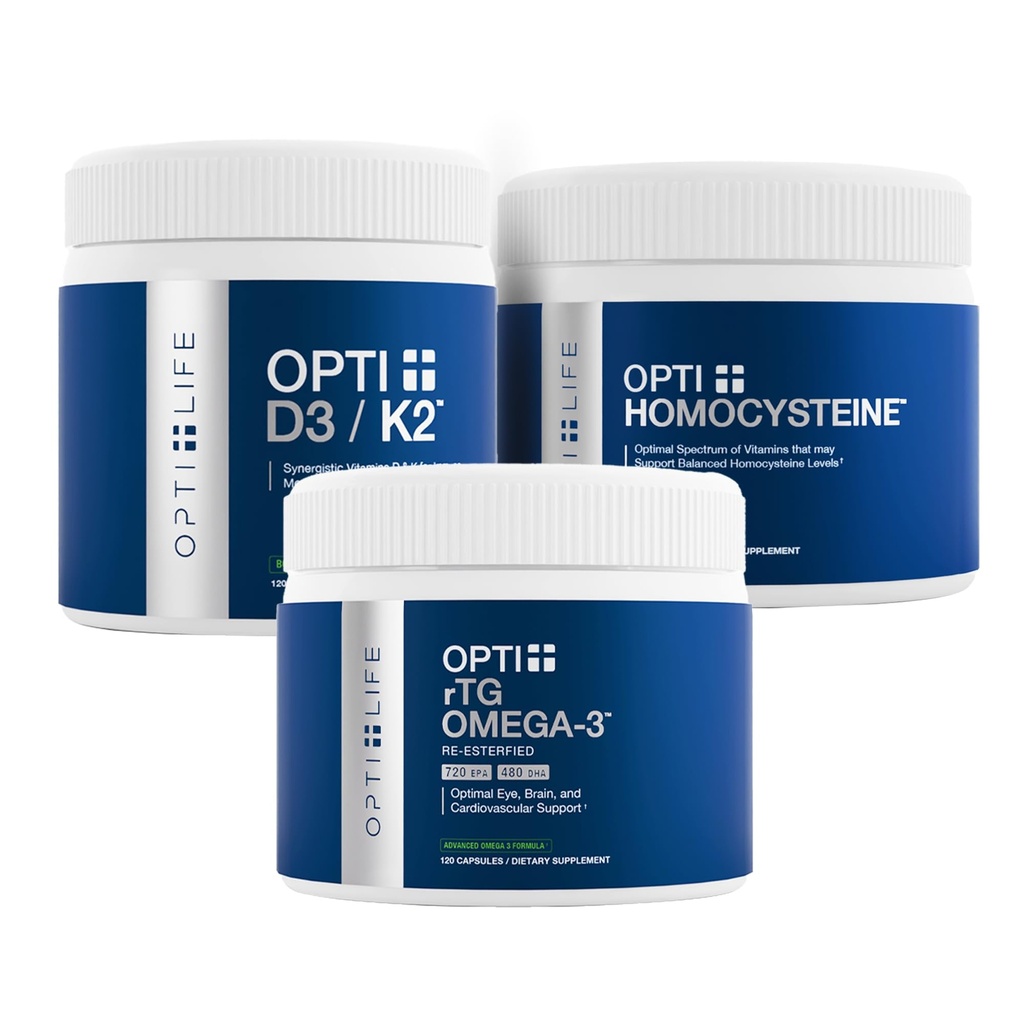 Opti+ Heart & Vascular Health Bundle - rTG Omega-3, Homocysteine B-Vitamins & D3 K2 Supplement Kit | Supports Cardiovascular Wellness & Healthy Aging* | 3-Product Daily Heart Support Pack