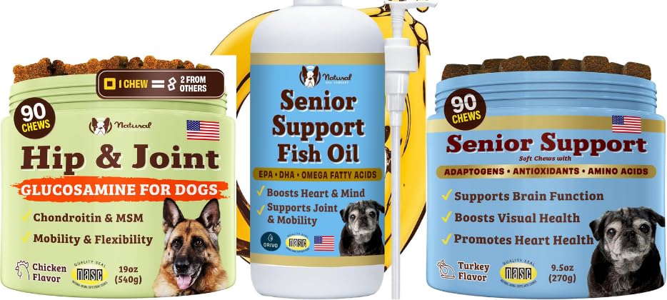 Natural Dog Company Senior Dog Bundle – Omega 3 Fish Oil 16oz + Senior Wellness Chews 90ct + Hip & Joint Chews 90ct – Support Joints, Brain, Heart, Eyes, Skin & Mobility with Omega-3s, Lion’s Mane & G