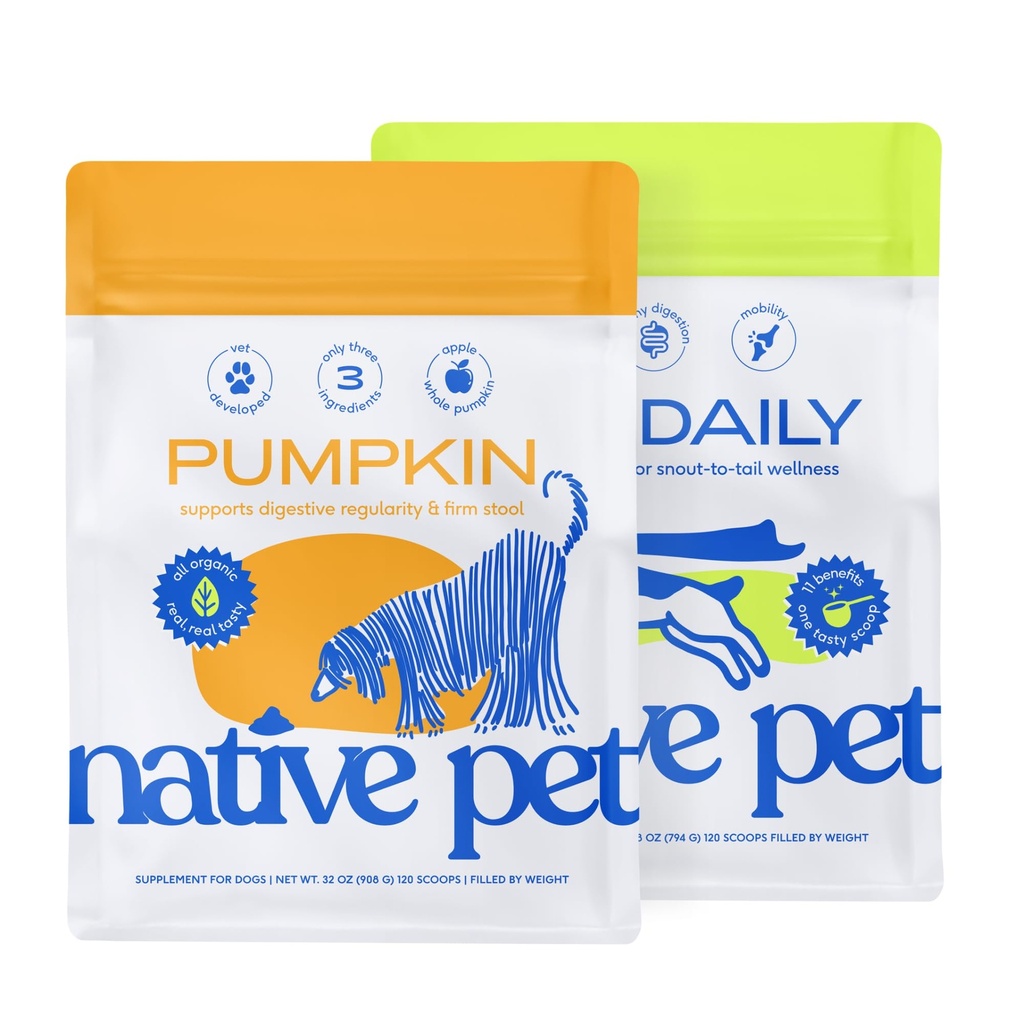 Native Pet Pumpkin for Dogs (120 Scoops) and The Daily Dog Supplement (120 Scoops) - All-Natural, Organic Pumpkin Fiber and 11-in-1 Dog Multivitamin