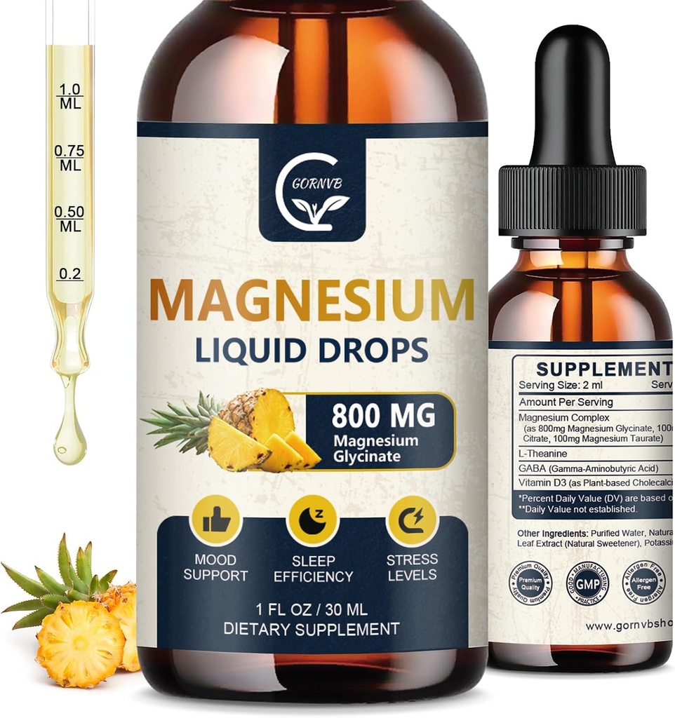 (2 pakkaus) Magnesium Glycinate Liquid Drops 1000 mg Liquid Magnesium Complex D3, L- Thea & GABA for Energy, Nerve ja Heart Health, High Absorption, Ananas Flavor