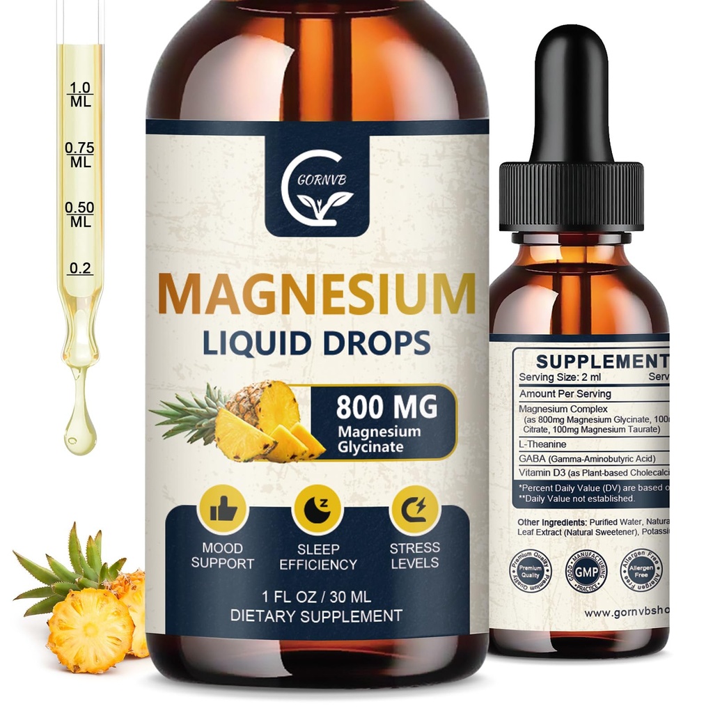 GORNVB (2 Pack) Magnesium Glycinate Liquid Drops | 1000mg Liquid Magnesium Complex with D3, L-Thea & GABA for Energy, Sleep, Nerve and Heart Health, High Absorption, Pineapple Flavor