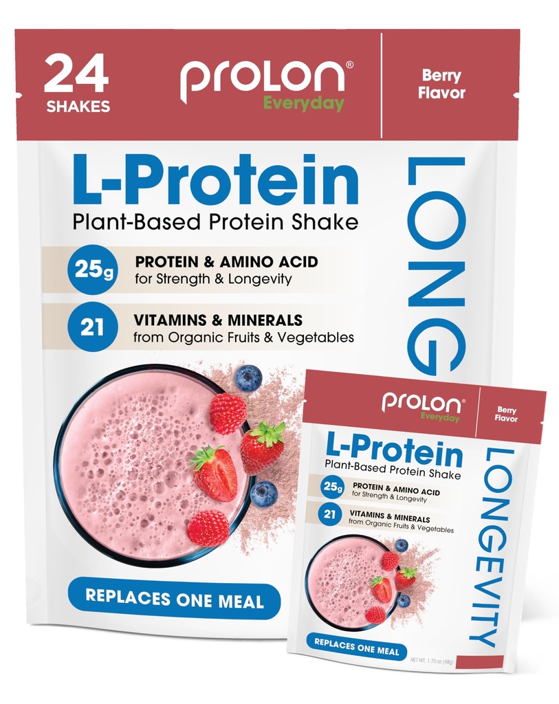 Prolon Longevity Plant Based Protein Powder | Muscle Synthesis & Repair, Healthy Aging, Boost Performance | Vitamins, Gluten Free, Amino Acids, Antioxidants | 25g of Protein | Berry, 24 Packets