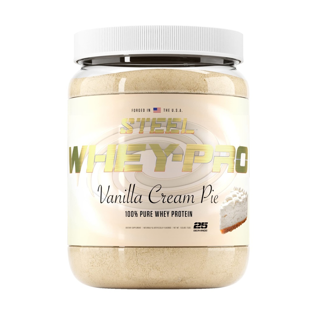 Steel Supplements Whey-Pro | 100% Pure Whey Protein Powder for Men and Women | Vanilla Cream Pie | Muscle Gain & Lean Muscle Recovery | Gluten Free | 1.65 lbs | BCAA 5g | Non-GMO | 25 Servings