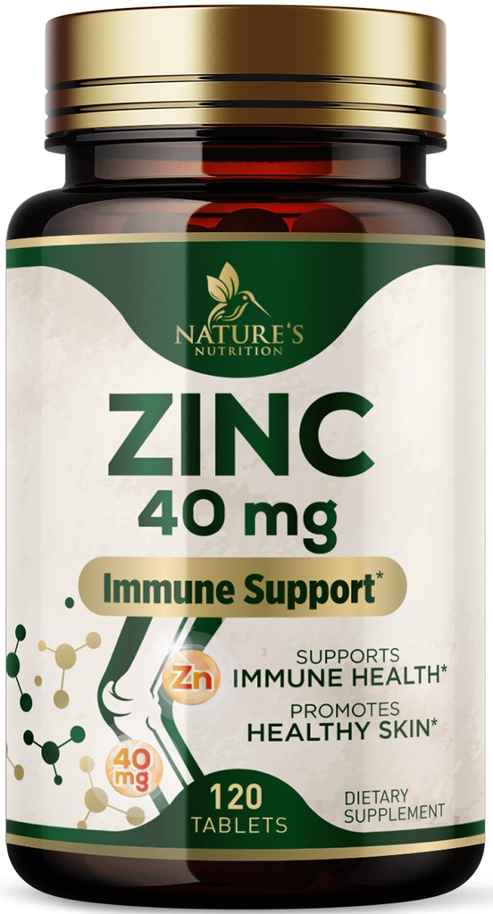 Zinc Supplements - High Potency Zinc 40mg Per Tablet - Best Zinc Supplement for Women & Men - Immune System Support & Antioxidant, Promotes Adult Skin Health, Vegan, Bottled in the USA - 120 Tablets