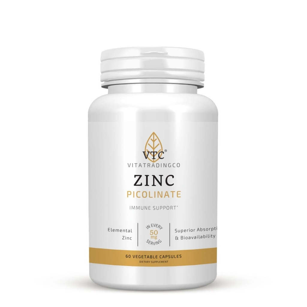 VTC VitaTradingCo. Zinc Picolinate | 50mg Elemental Zinc | Highly Absorbable | Immune & Antioxidant Support | for Skin Health & Cellular Function | 60 Veggie Capsules