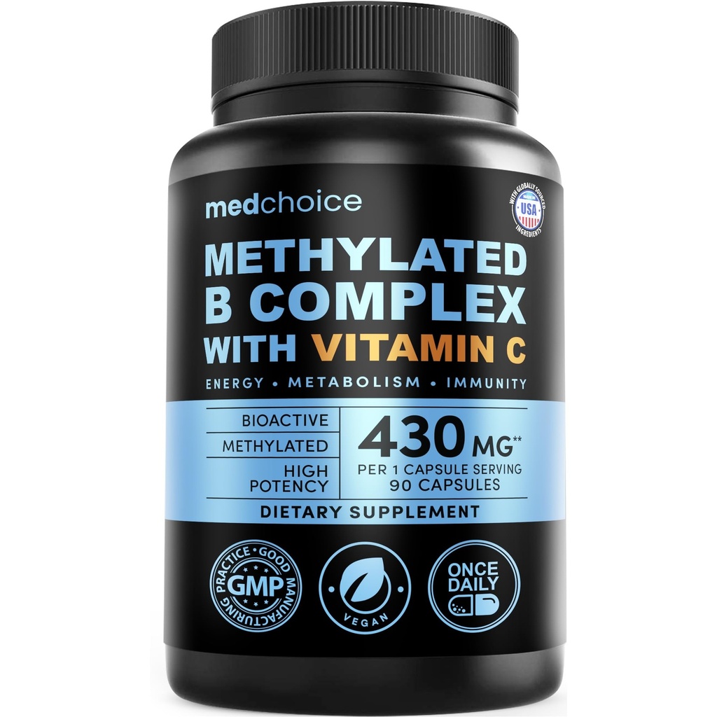 9-in-1 Vitamin B Complex - Methylated Multivitamin with B12 Methylcobalamin, Methylfolate, L-5-MTHF & Vitamin C - Methylated B Complex for Women & Men - Non-GMO, Gluten-Free, & Vegan (90 Servings)