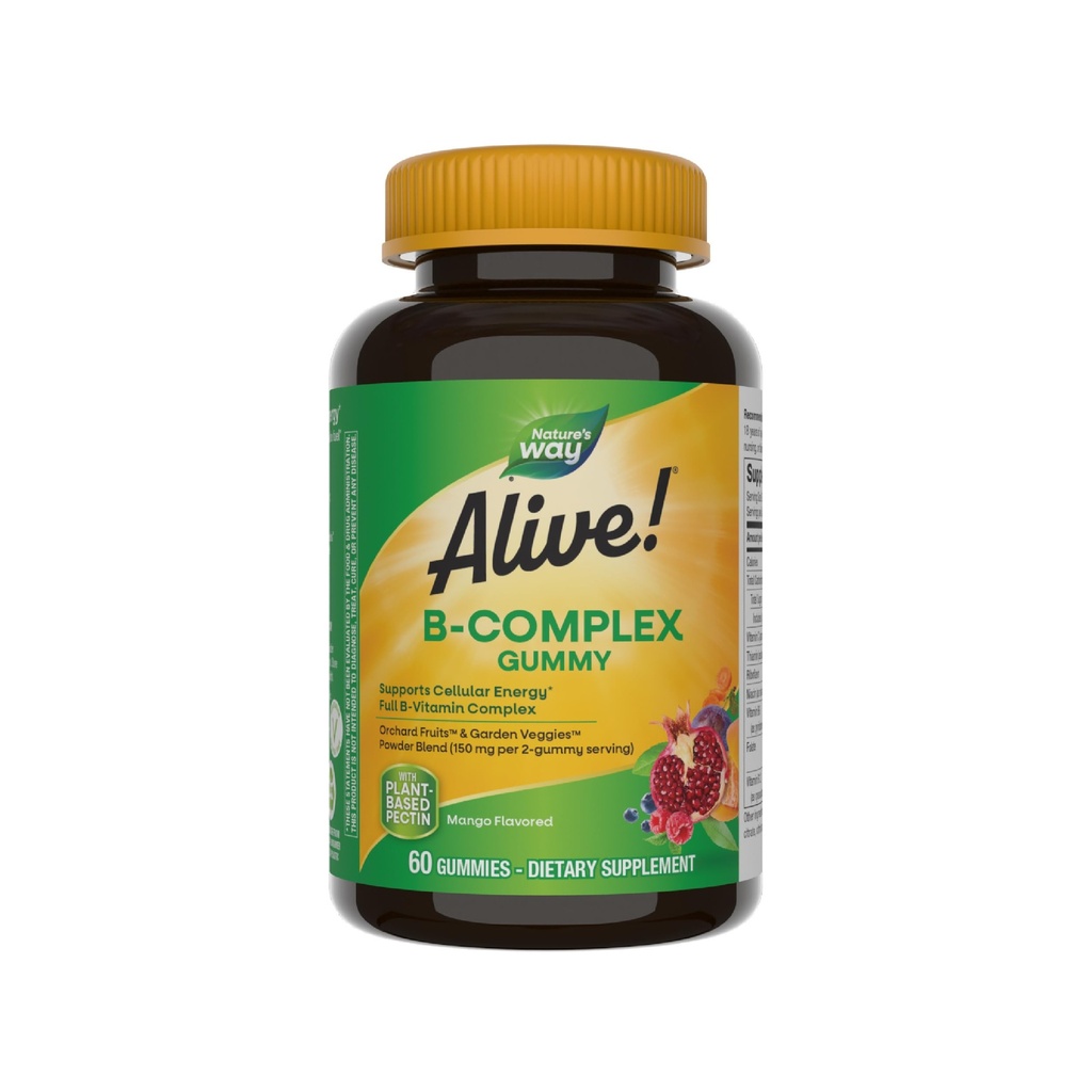 Nature's Way Alive! Vitamin B Complex Gummies, Cellular Energy Support*, 8 B-Vitamins, Vegetarian, Mango Flavored, 60 Count (Packaging May Vary)