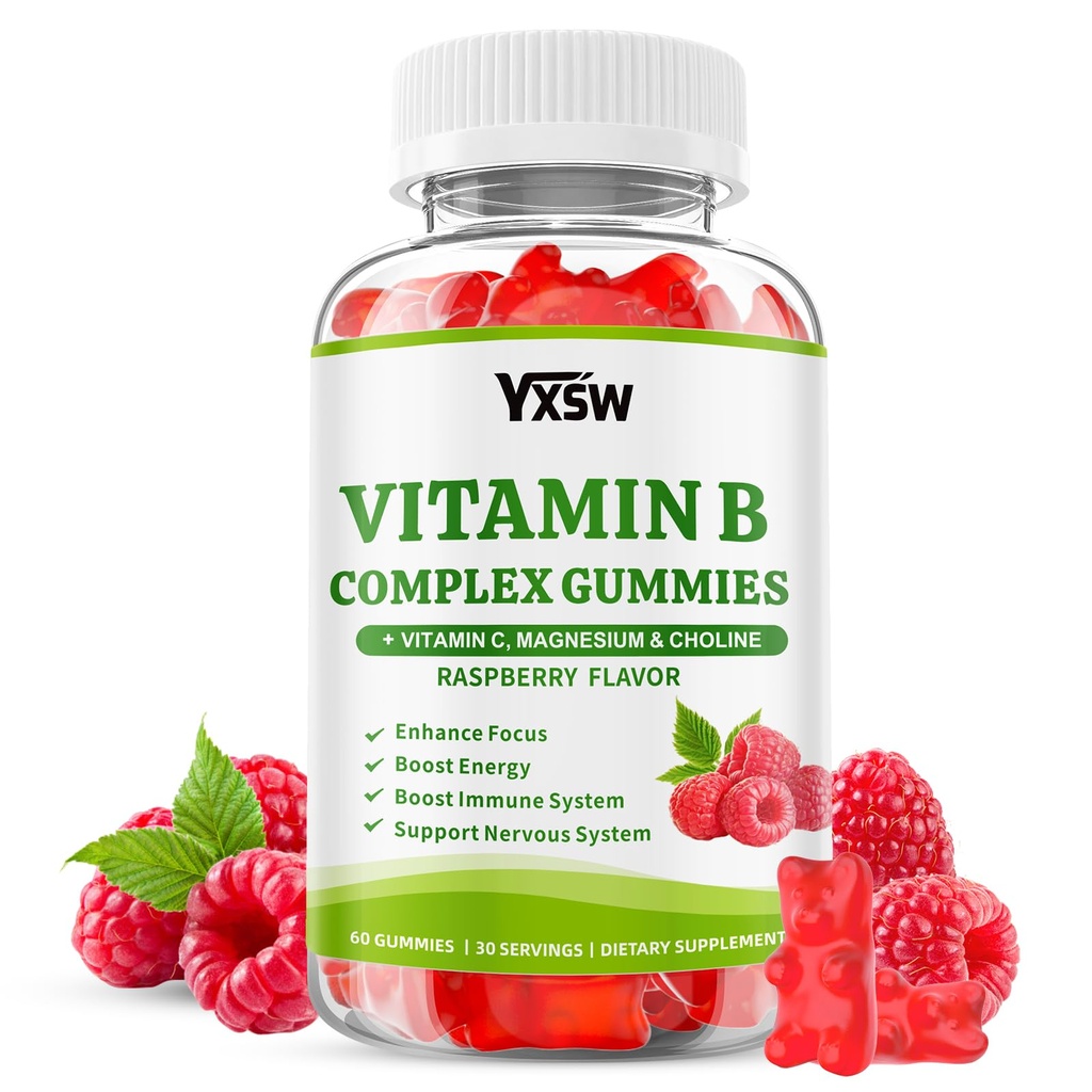 Vitamin B Complex Gummies for Women & Men - Vitamin B12, B1, B2, B3, B5 & B6 -B Complex Vitamin Supplements with Vitamin C,Magnesium & Choline, Raspberry Flavor, 60 Count