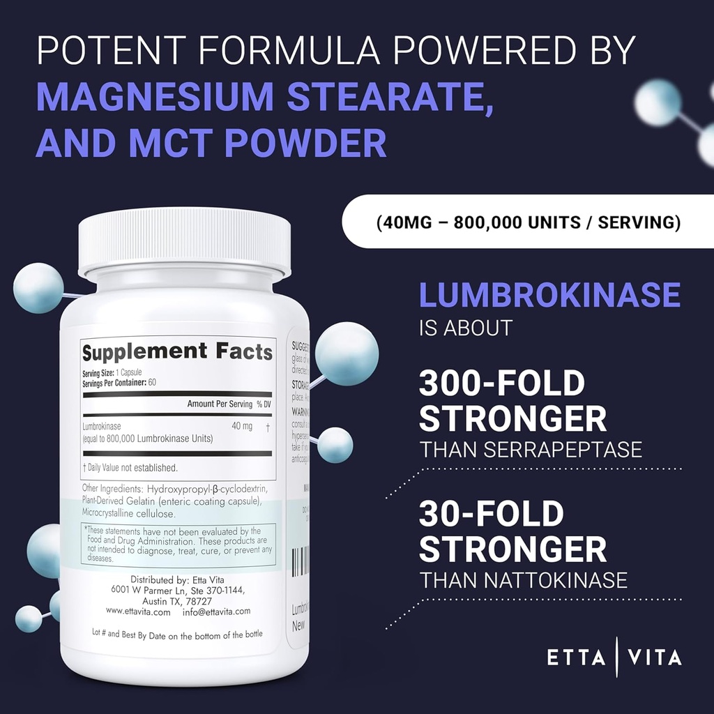 Suplemento de Lumbrokinase Potent (120 Serviciones) 40mg/Serving (Max Activity - 800,000 Units) - Lumbrokinase Enzymes Capsules for Energy Support, Digestion, Cognition & Gut Health - Similar a Nattokinase