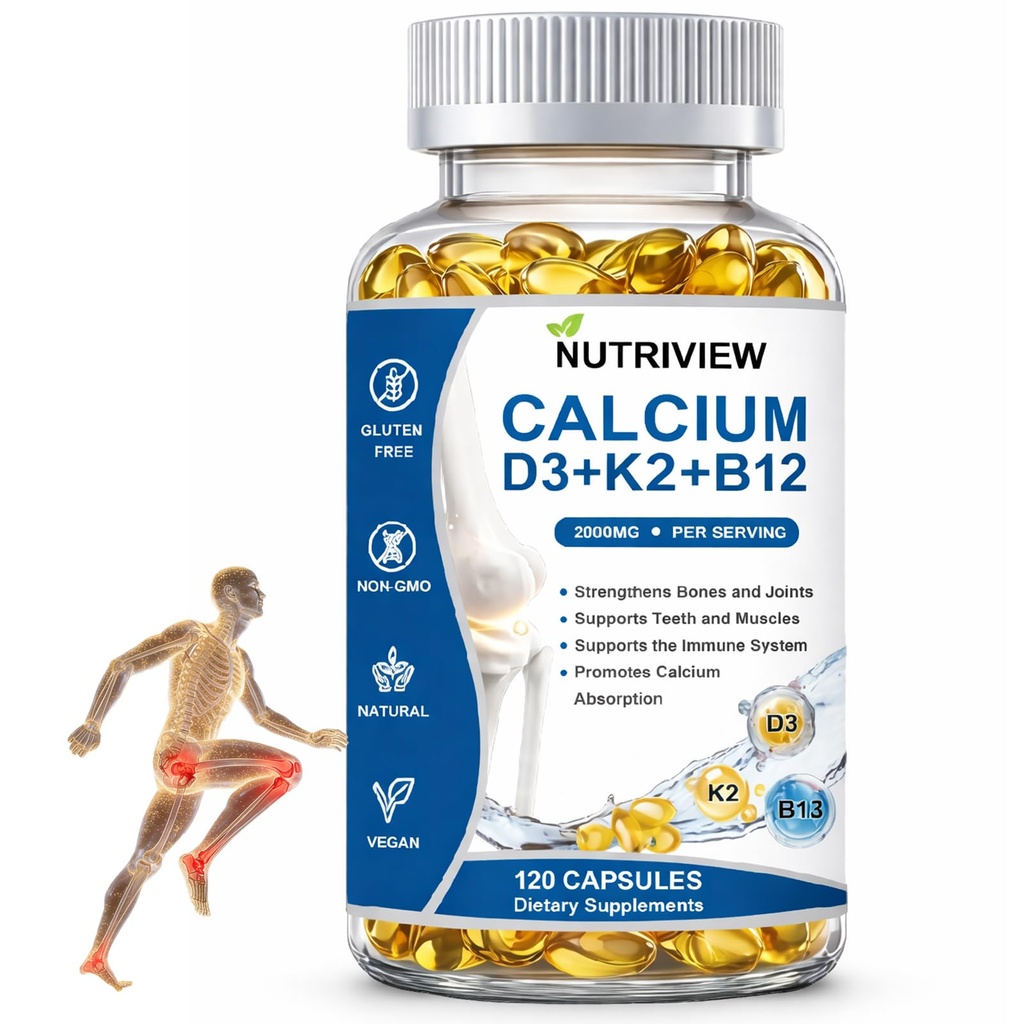 Nutriview 2000mg D3 K2 B12 Softgels Calcium, Suplemento de Calcio, Strengthen Bones and Teeth, Boost Energy, Non-GMO, 120 Softgels