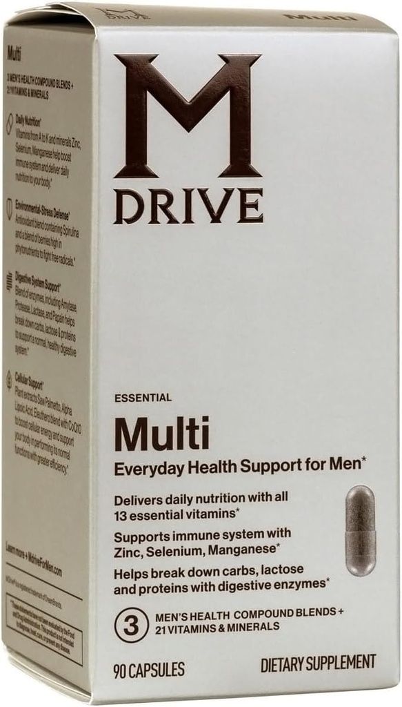 Multivitamínico Mdrive para homes, multivitamínico diario - Apoio á saúde inmune de Zinc, Selenium, Manganese e vitamina D, enzimas para o apoio dixestivo, CoQ10 para a enerxía e vitamina K2, 90 cápsulas