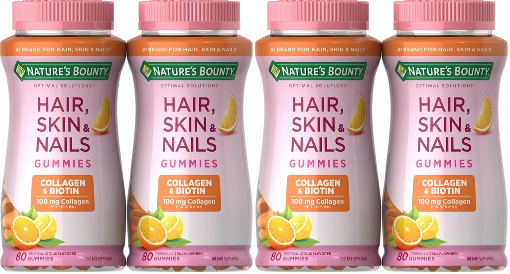 Nature's Bounty Hair, Skin & Nails with Biotin and Collagen, Citrus-Flavored Gummies Vitamin Supplement, Supports Hair, Skin, and Nail Health for Women, 2500 mcg, 80 Ct (Pack of 4)