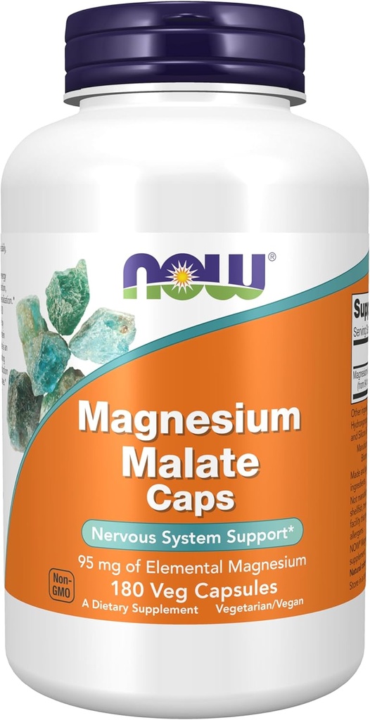 NOW Foods Supplements, Magnesium Malate Caps with 95 mg of Elemental Magnesium, Nervous System Support*, 180 Veg Capsules