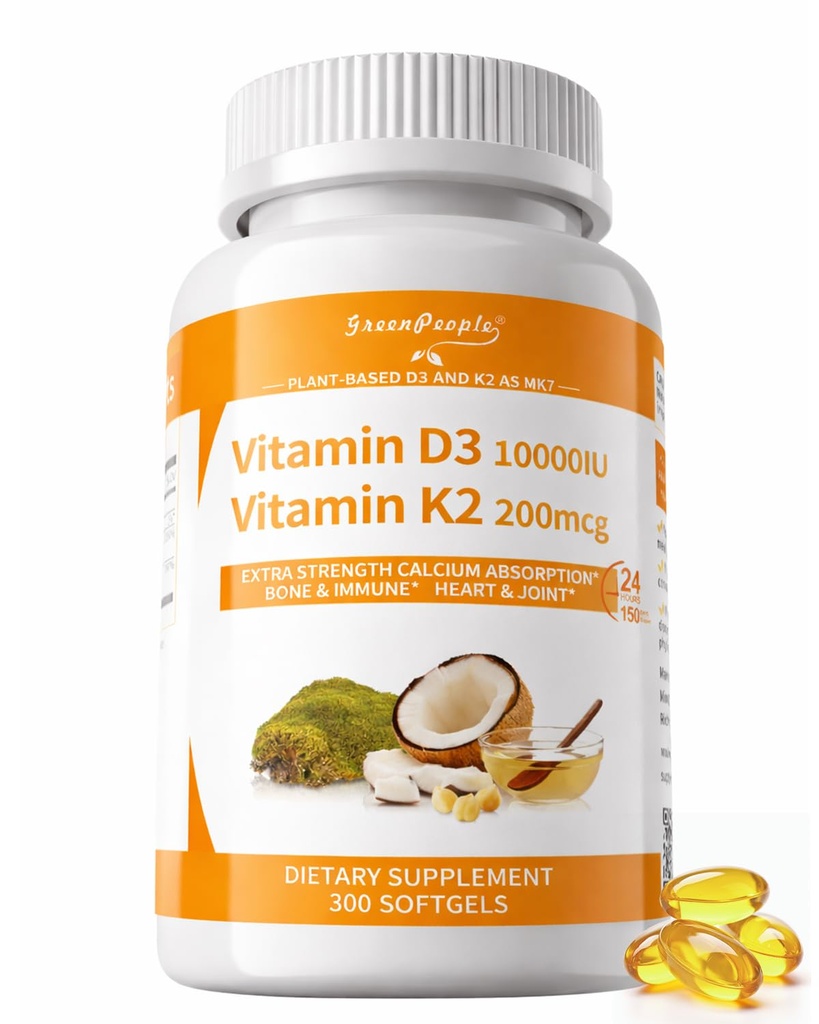 GREENPEOPLE K2 D3 Vitamin Supplement, Vitamin D-3 & K-2 MK-7, 10,000 IU/200 mcg, with Virgin Non-GMO Coconut MCT Oil | 300 Vegan Softgels | Bone Health, Immune Support