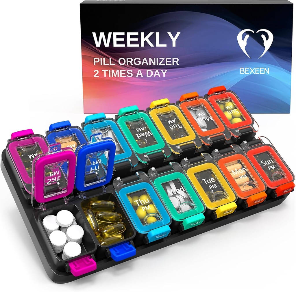 Ətraflı Ətraflı Pill Organizer 2 Times A Day - Airtight Pill Box 7 Day - Am Pm Vitamini Case - Tibb Konteyner İki əvvvəlli Hafta Qaydalıq axtarış saxla