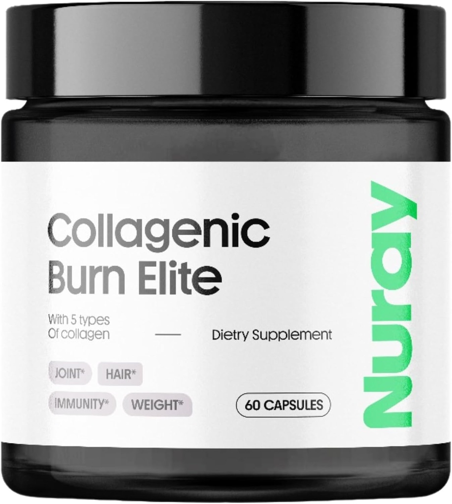 Nuray Collagen Burn Elite з Зеленим Чайом - Колаген Пептиди- 60 Капсули Колаген Burn з 5 видами колагену для здорового волосся, шкіри, нігтів, суглобів, метаболізму Boost & Energy