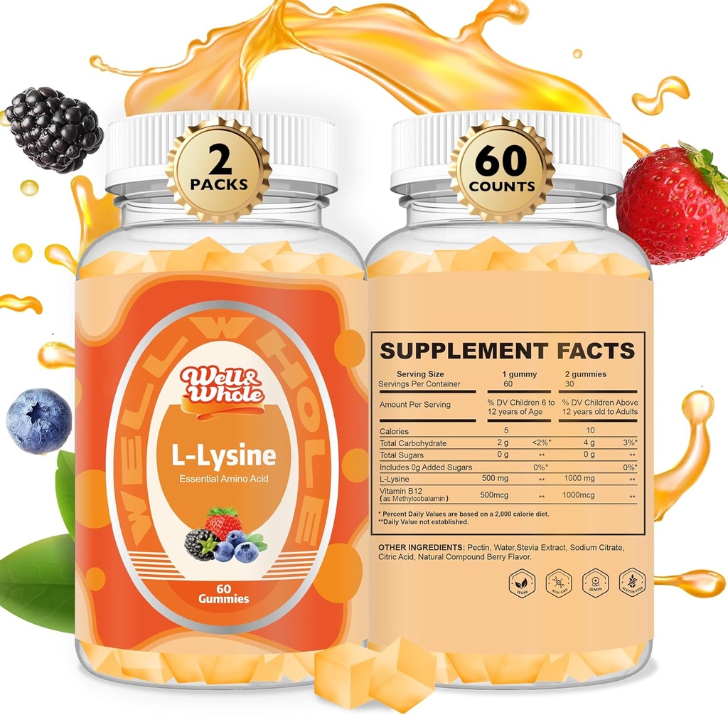 L- Lysine Gummies 1000mg - L- Lysine Kosttilskud til børn og voksne - Lip and Cold Sore * Støtte til kvinder - Chewable Lysine Gummies med vitamin B12 - Vegan, Ikke GMO, Gluten- Free, 120 Counts