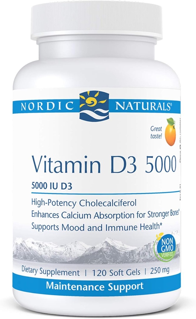 Nordic Naturals Pro Vitamin D3 5000, Orange - 120 Mini Soft Gels - 5000 IU vitamin D3 - Støtter sunne bein, humør og immunsystemfunksjon - Ikke-GMO - 120 Serveringer