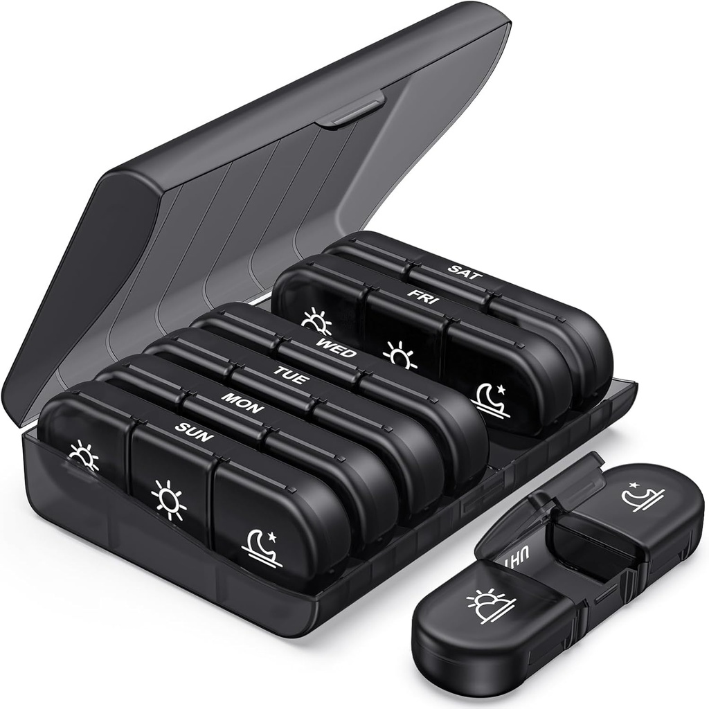 PULIV Weekly Pill Organizer 3 Times a Day, Portable Travel Pill Box 7 Day with Large Pill Containers, Light-Proof Pill Case for Vitamins, Medication, supplements and Fish Oils (Black)