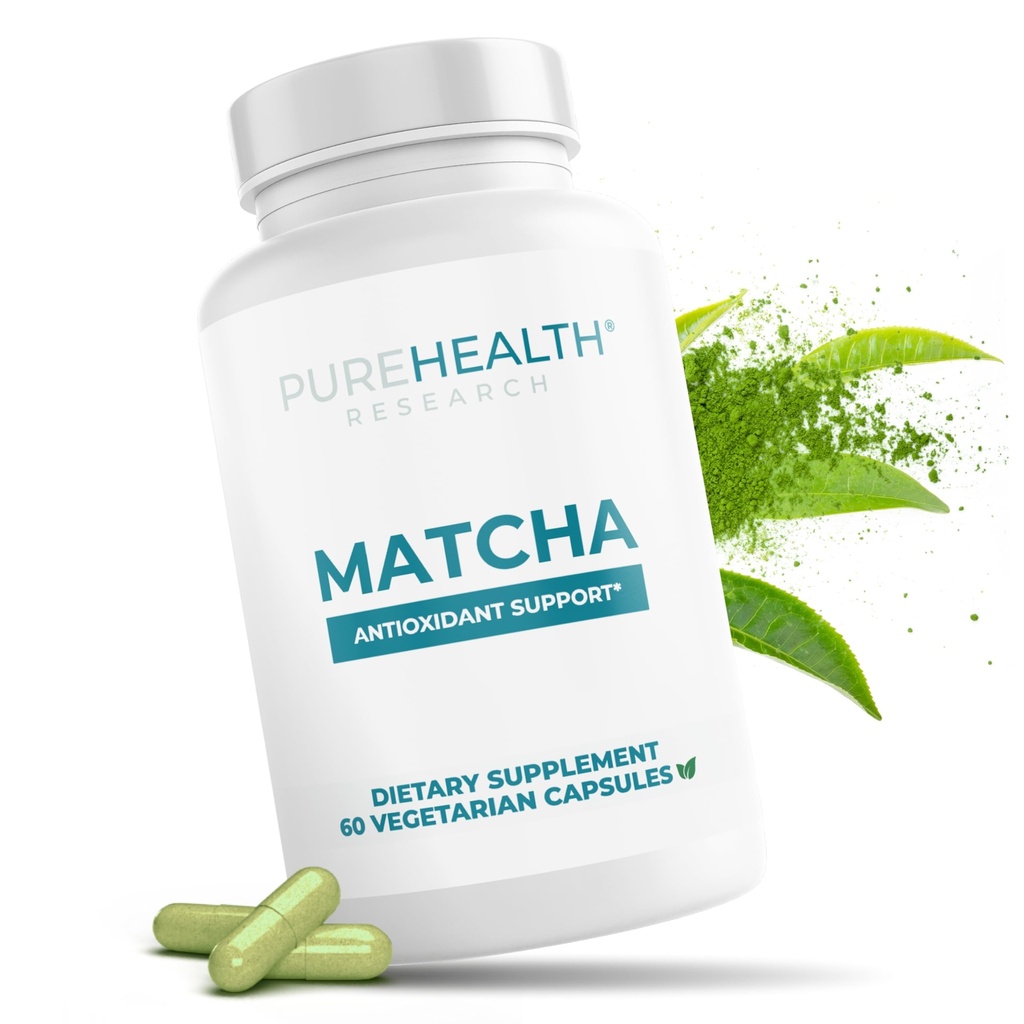 PUREHEALTH RESEARCH Matcha 1000 mg - Organic Ceremonial Grade Matcha Powder Supplement - EGCG Green Tea Extract Pills for Mental Clarity, Energy & Hearth Health - Vegan, Gluten Free - 60 Capsules