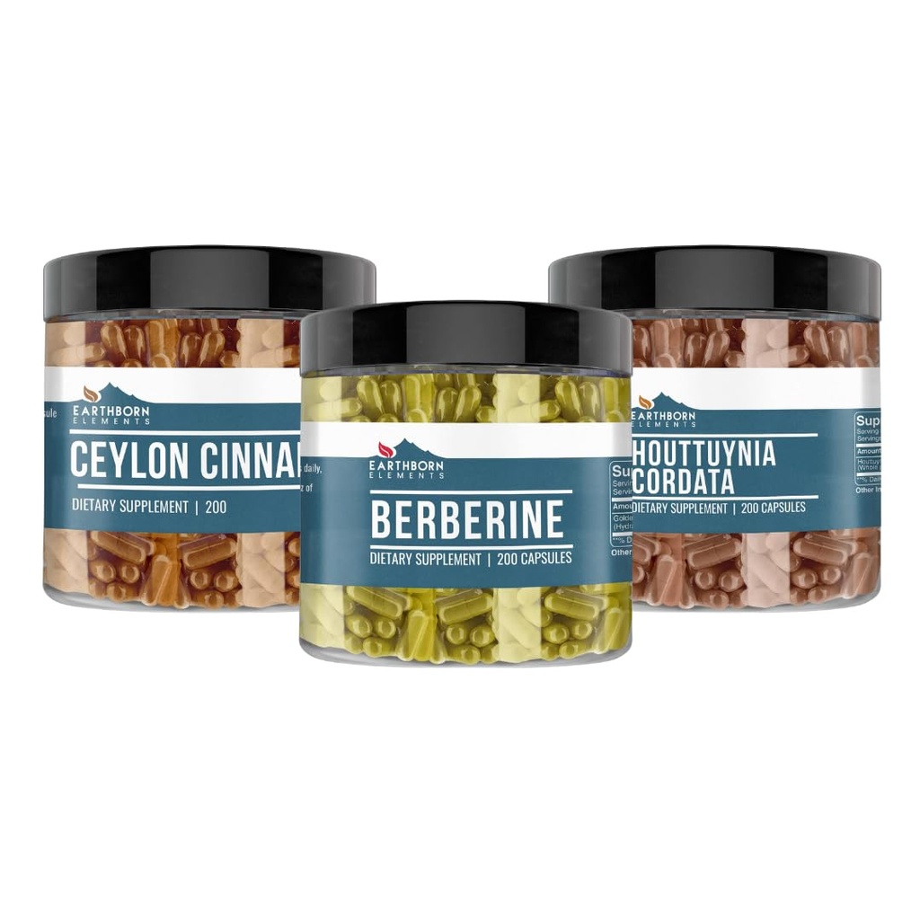 Earthborn Elements Berberine, Ceylon Cinnamon, & Houttuynia Cordata Capsule Bundle (200 Capsules Each), Pure & Undiluted, No Additives