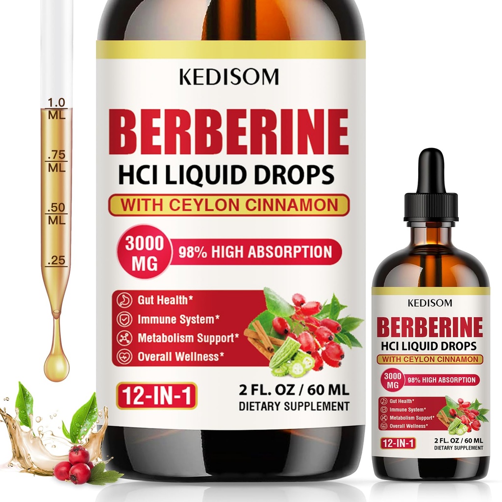 12-in-1 Berberine Supplement Liquid Drops 2 Fl Oz, 3000mg Liposomal Berberine HCL Complex with Ceylon Cinnamon Plus Turmeric, High Absorption Berberine Drops