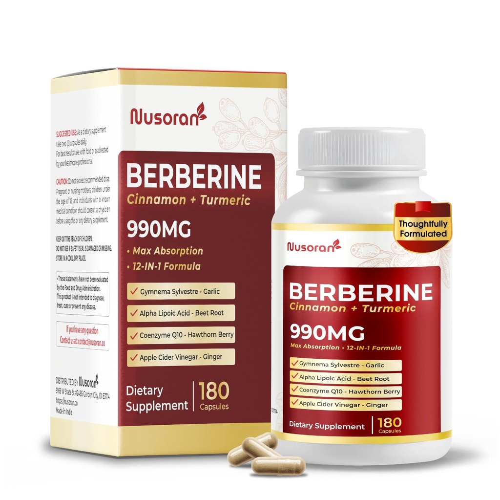 Ultra Berberine 1840 mg - 12-in-1 with Cinnamon, Turmeric, CoQ10, ALA, Gymnema, Bitter Melon - Max Absorption - 180 Capsules - Non-GMO, Gluten-Free, Lab Tested