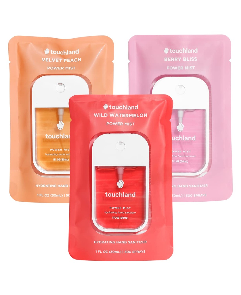 Touchland Hydrating Hand Sanitizer Spray – Juicy Trio Set (Wild Watermelon, Velvet Peach, Berry Bliss) – 3 x 1 FL OZ Travel Size Mists